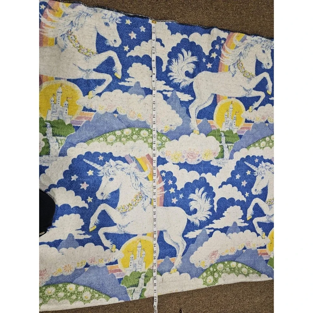 Vintage Unicorn Blanket‎ Fabric 84x74 Blue Rainbow Castle Fantasy Retro